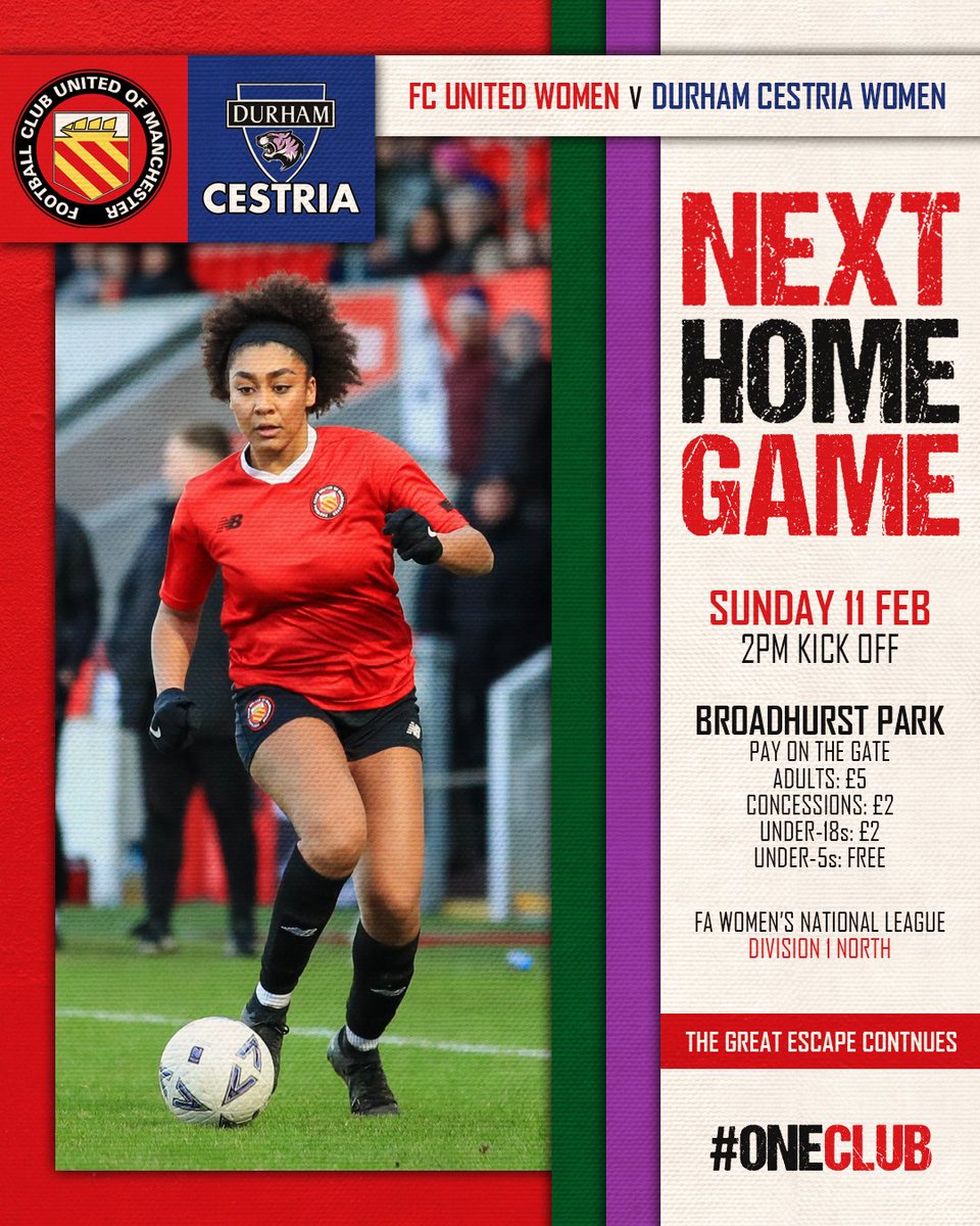 We're all disappointed today's men's match at Whitby has been postponed, but you can still support FC United this weekend as our women's team take on <a href="/DurhamCestria/">Durham Cestria</a> tomorrow at Broadhurst Park.

Doors &amp; bar open at 1pm, so come along to boost the bumper crowd and #TheGreatEscape!