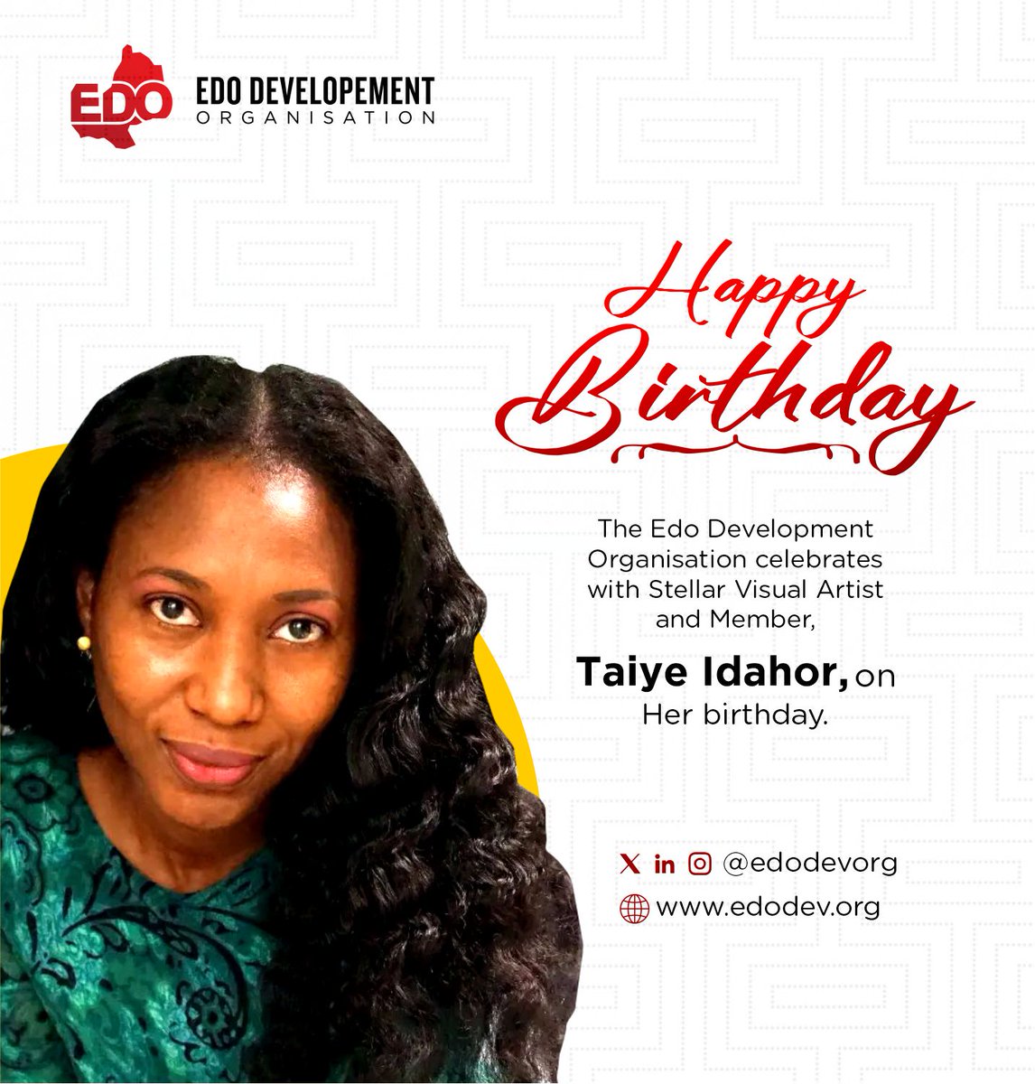 edodevorg's tweet photo. Happy Birthday, @greenpaintbowl 🥳🎉🎂
Here's to the best of the best, and the choicest of the rest, on this chapter and the next.
Cheers to the finer things. 🥂
#EDOBirthdays
#EdoDevOrg
#EdoDevelopmentOrganisation https://t.co/XldMwzhRMQ