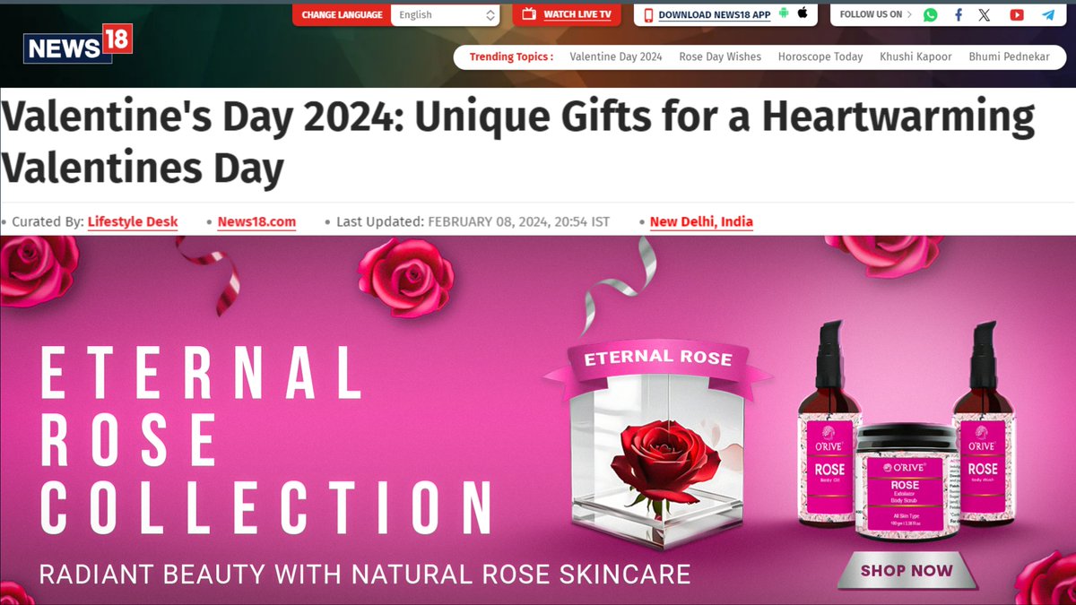 OrganicsRive's tweet photo. News 18 recently published an article highlighting unique Valentine's Day gifts, featuring Orive Organics Valentine's Day kit.  @CNNnews18 @News18TamilNadu @N1DH1 https://t.co/s8XIV04bd2