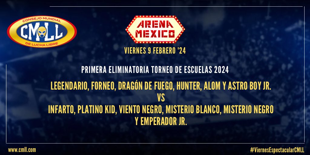 👉CDMX está en la Final del #TorneodeEscuelasCMLL .

🔴Astro Boy Jr., Legendario, Forneo, Dragon de Fuego, Hunter y Alom avazaron tras vencer a la escuela Lagunera en el #ViernesEspectacularCMLL .

Legendario derrotó a Emperador Jr. y definió el combate.