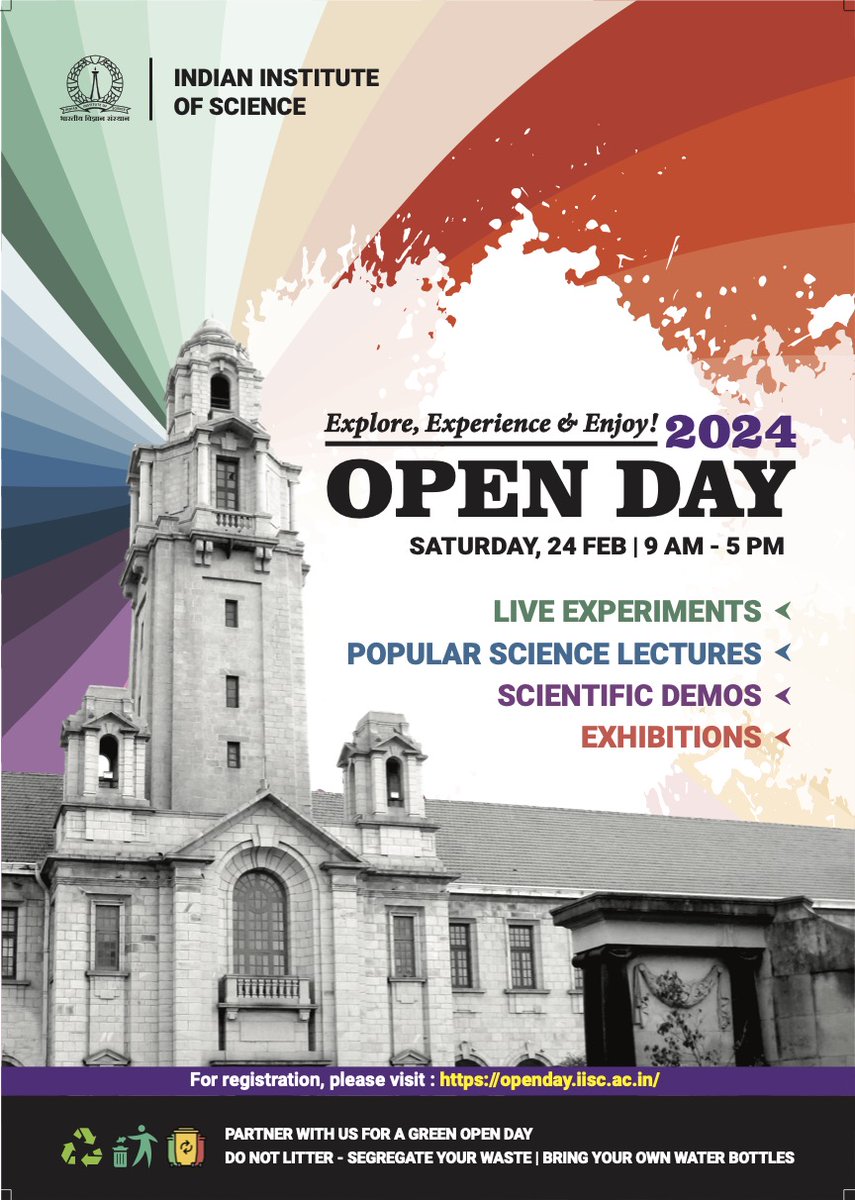 iiscbangalore's tweet image. Open Day 2024 is here! ✨
🏃‍♂️Visit our lush green campus on February 24th between 9 am to 5 pm to learn about the exciting research and activities happening here.
📲 Use the hashtag #IIScOpenDay2024 to get a chance to be featured on our page

Details: openday.iisc.ac.in/index.php