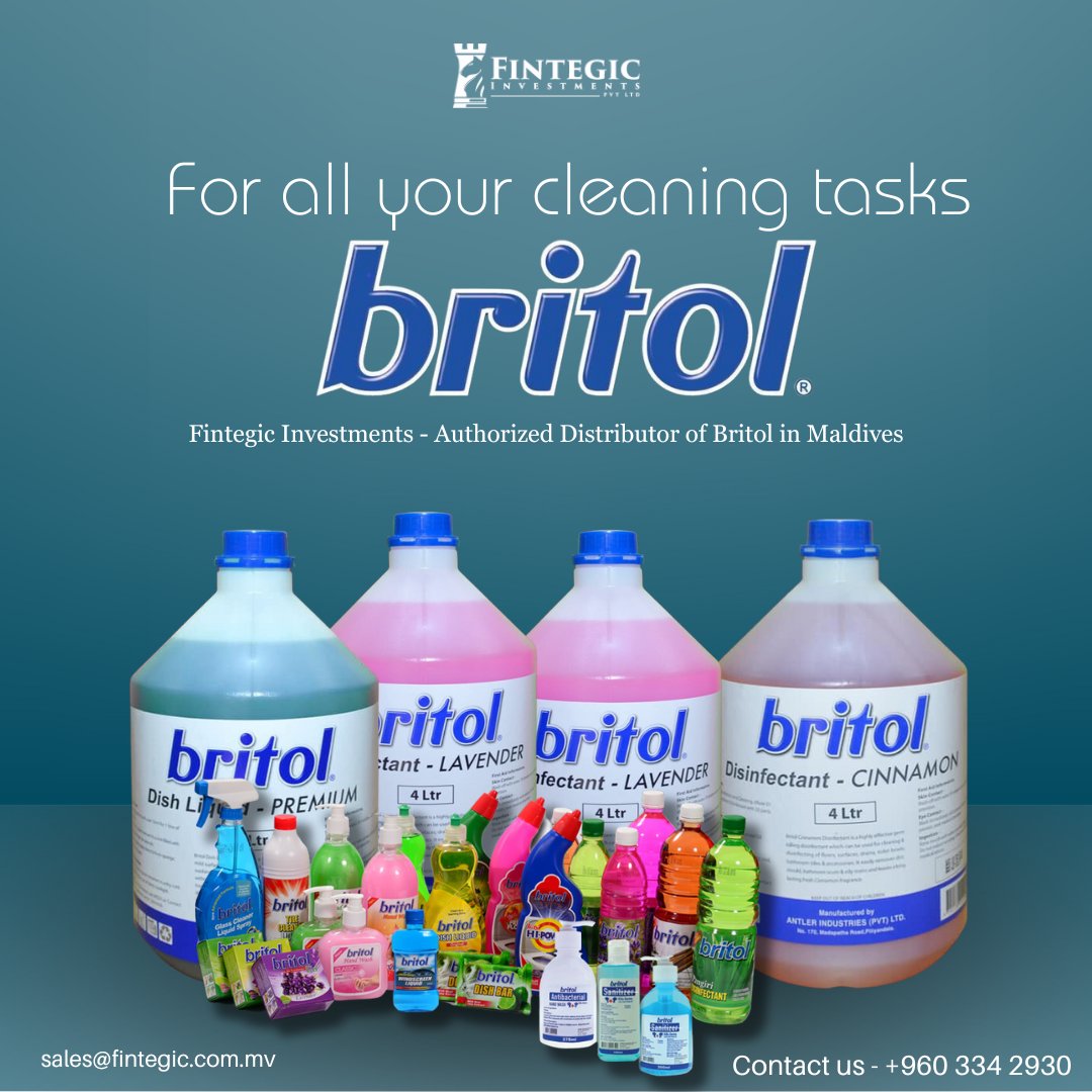 For all your cleaning tasks - britol
Fintegic Investments - Authorized Distributor of Britol in Maldives

Contact us - +960 334 2930

#briteol #briteolproducts #briteolproductsmaldives #britollovers #cleaninghacks #cleansingproducts #dishwashingliquid #floorcleaner #disinfectant