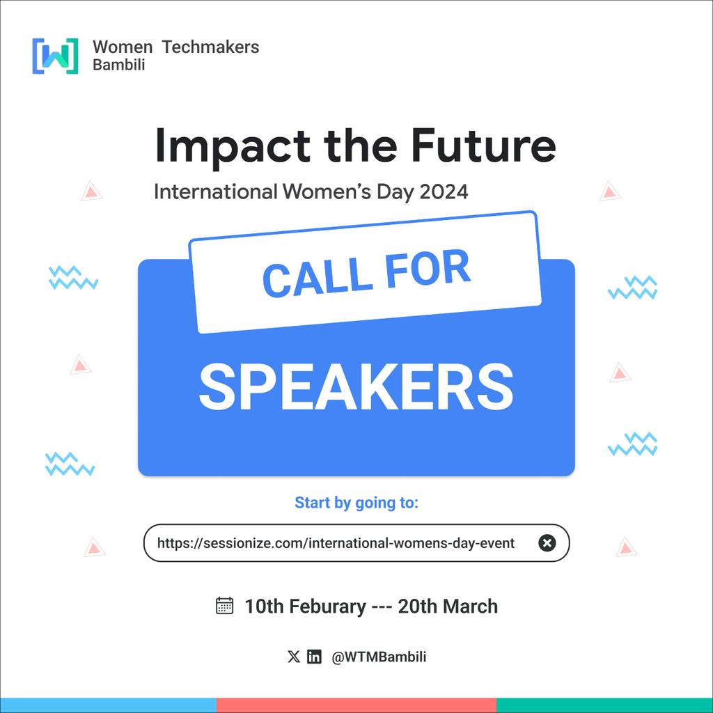 Calling all tech enthusiasts to speak at our IWD event on April 6, 2024! Share your tech story, inspire, and make a lasting impact! Submit your proposal: Link: sessionize.com/international-… Deadline: March 20 Let's shape a tech future together! #IWD2024 #WTMBambili #ImpactTheFuture