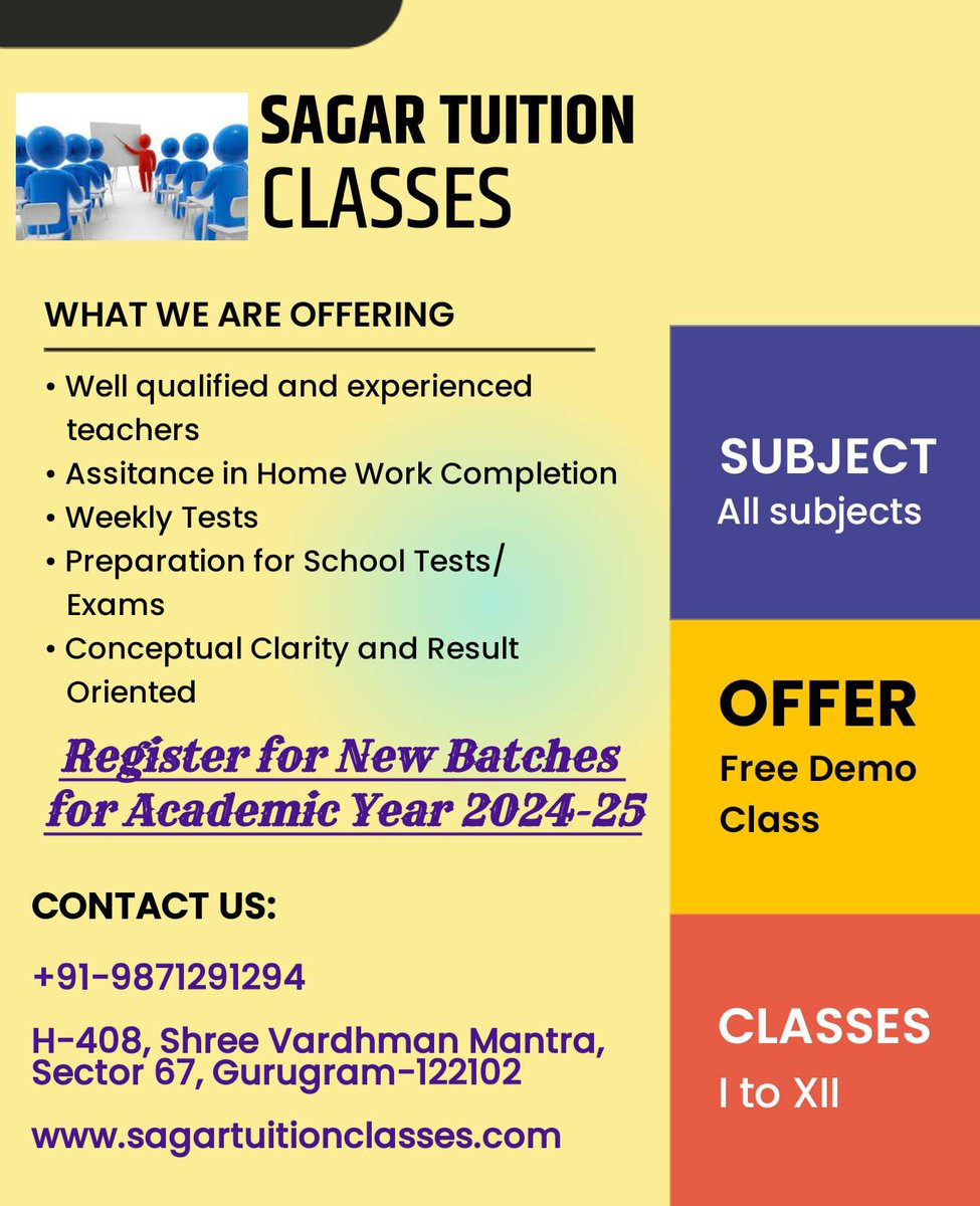 Online/Offline Maths Tuition Classes for Classes Ist to Xth available in Gurgaon

Address: H-408, Shree Vardhman Mantra, Sector 67, Gurgaon, Haryana-122102

Contact Sagar Tuition Classes at 9871291294

#Gurgaon #TuitionClasses #Gurugram #MathsClasses #SagarTuitionClasses