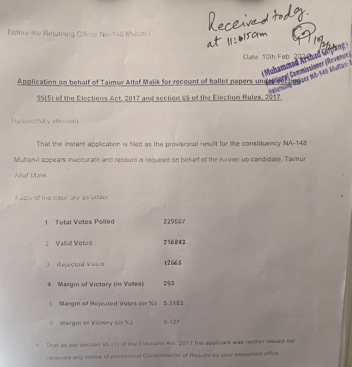 Application for recount of ballot papers in #NA148 has been filed and RO has assured that he will give his decision today. Recount when the difference of votes is just 293 is a legal right and lawyers will not leave his office till this issue is decided and recount allowed.