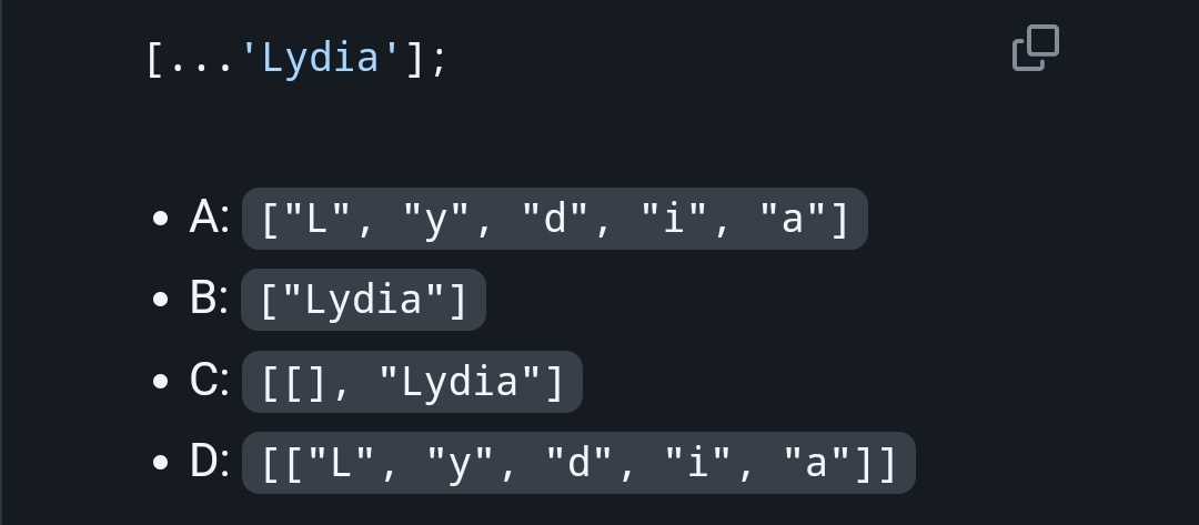 MaverickAlbert5's tweet image. Here&apos;s another beautiful javascript question 📚.

Hints: spread syntax. 
#programming