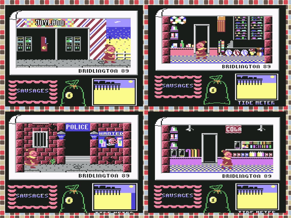 Today's #retrogaming on the #Commodore64 #C64 #PunchandJudy, explore #Bridlington and build your tent before the tide comes in. It's difficult to avoid being arrested in this version, but this game has a lot of charm (although I think the Spectrum version is better)