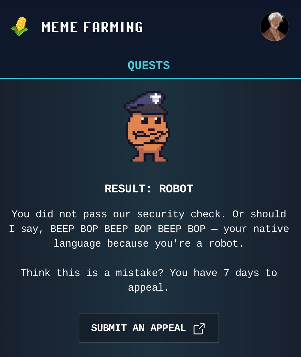 Koolaid 🧃 (@batmansuit83) on Twitter photo $MEME farmers! I’m also a robot 🤣
Don’t worry , team working tirelessly to resolve the issue , there’s one week period to submit your appeal if you have the same message as mine 👇
Submissions are working on Dyno , good lock all <a href="/Memeland/">Memeland ❤️ Memecoin</a>
*if you have the same issue please $MEME farmers! I’m also a robot 🤣
Don’t worry , team working tirelessly to resolve the issue , there’s one week period to submit your appeal if you have the same message as mine 👇
Submissions are working on Dyno , good lock all <a href="/Memeland/">Memeland ❤️ Memecoin</a>
*if you have the same issue please