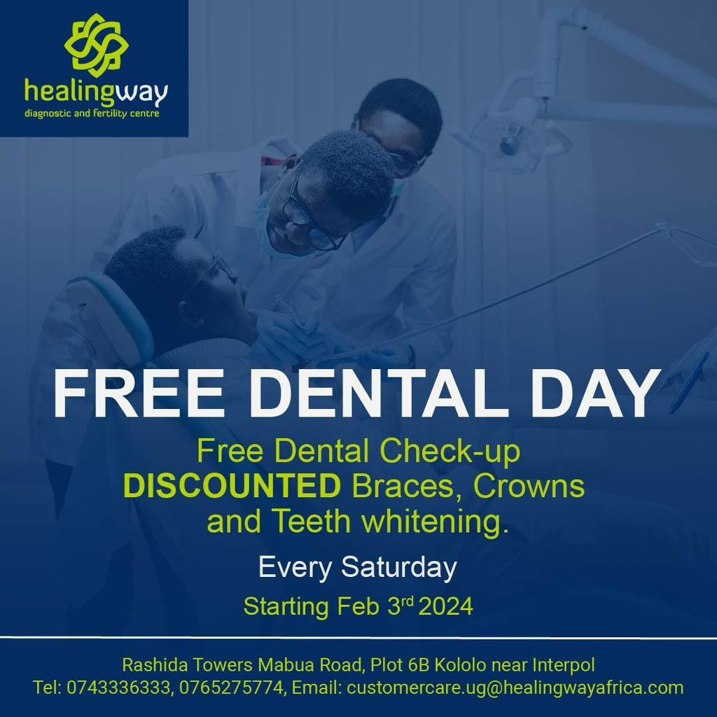 Good morning all: Healingway Dental Clinic offers Free Dental Consultation & Checkup Every Saturdays. 

For appointments, call: +256765275774