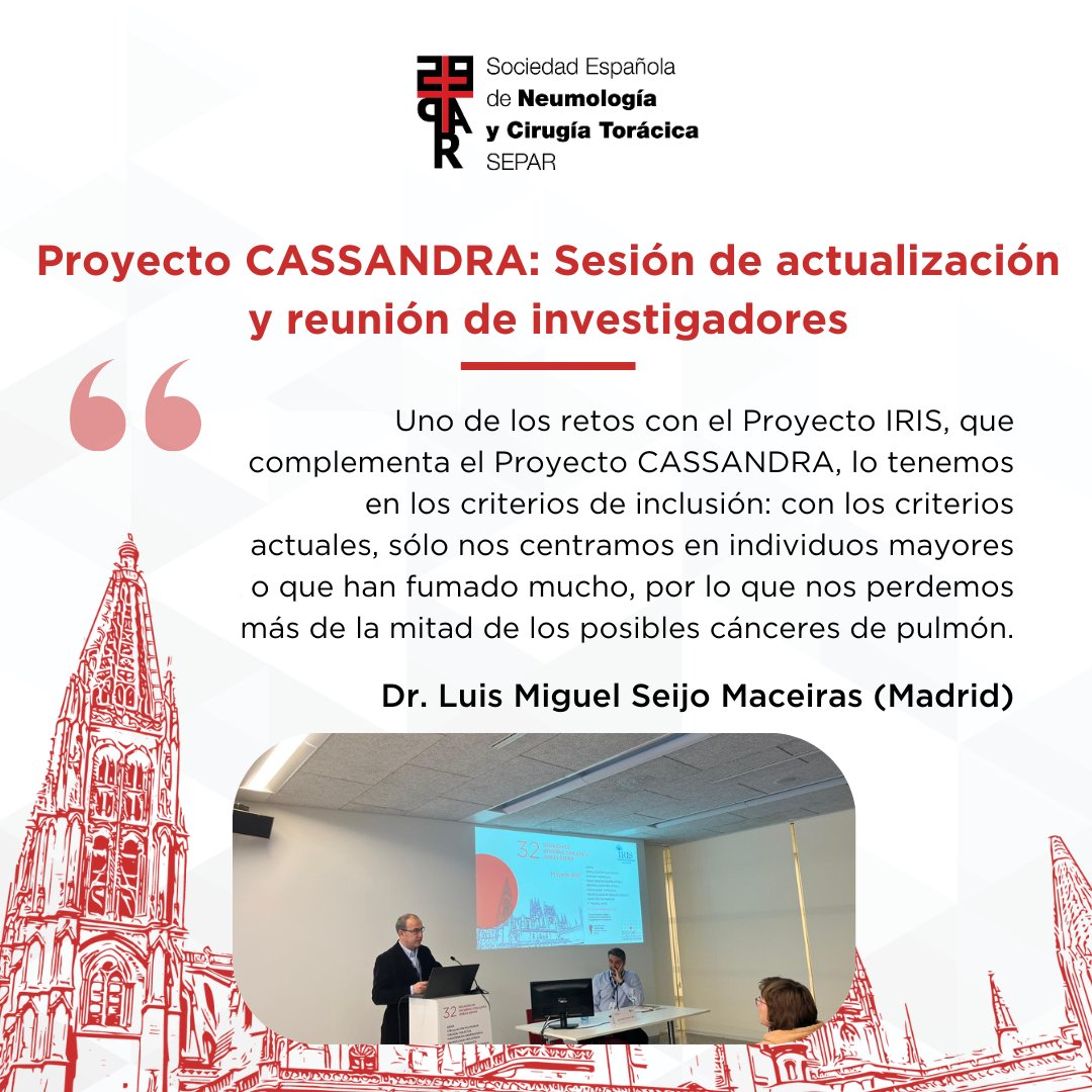 👉 En la sesión sobre el Proyecto CASSANDRA, repasamos su estado actual y conocemos también el Proyecto IRIS, que trabaja en los retos que se enfrenta el cribado en cáncer de pulmón.

#CASSANDRA #ReunióndeInvierno #SEPAR