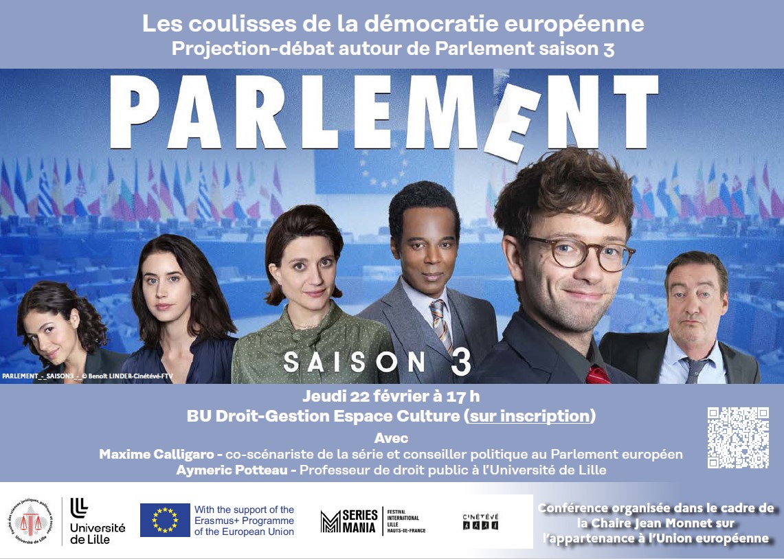 📢Projection-débat autour de la série Parlement à @BULilleDG avec @FSJPS_Ulille ❤️ avec Maxime Calligaro et votre serviteur 📅 jeudi 22 février à 17 h. ⚠️On ne s'inscrit que si on assiste !😉 @FranceTV @FestSeriesMania @_ElsaBernard budroitgestion.univ-lille.fr/actualites/det…