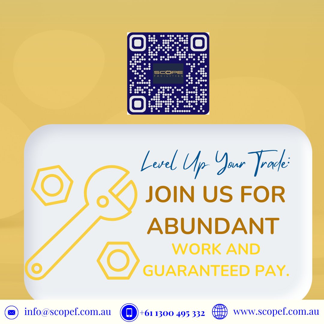 Trade Up: Become Our Partner for Abundant Work and Guaranteed Pay!

You can reach us here:
✉️info@scopef.com.au
📞+61 1300 495 332

#scopefacilities #workopportunities #handymanhustle #tradielife #tradespeople #jobsatisfaction #services #handyman