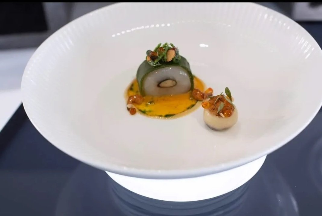 Butter Poached Cornish Hake Loin stuffed with Brown Shrimp &amp; Nori, topped with a Parsley Crust and Sea Vegetables, Celeriac Puree, Baby Turnip 'Potted Shrimp' Salmon Roe and a Langoustine Bisque and Dill Oil