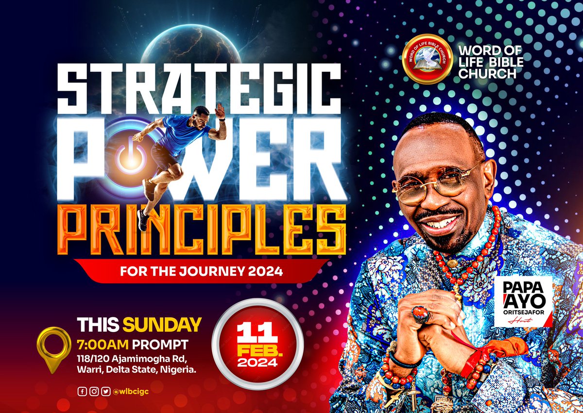 Tomorrow is Sunday! You wouldn't want to miss our ongoing series: 'Strategic Power Principles for the Journey 2024' with Papa Ayo Oritsejafor! Connect LIVE with us on all media platforms and Ayo-Oritsejafor.org. Feel free to share to invite a friend. #WLBCSunday #WLBCIGC