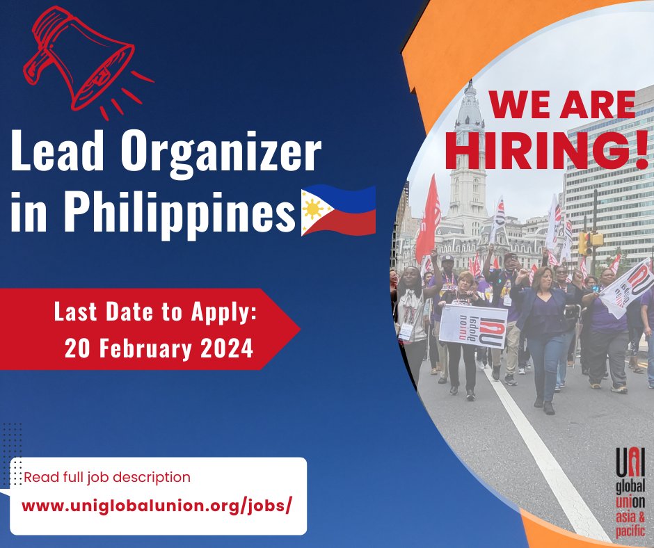 📢We're Hiring for Lead Organizer in Philippines 🇵🇭 ⏳Last Date: 20th February 2024 ➡️Full job description: uniglobalunion.org/jobs/ ** Application open for Filipino citizens only