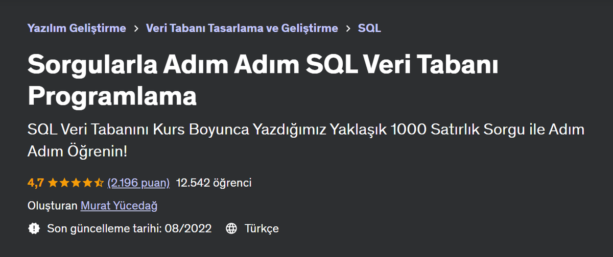 'Hiç SQL bilgim yok, sıfırdan bolca sorgu yazarak SQL öğrenmek istiyorum yok mu hocam kampanyaların, kurs hediyelerin' diyenler için hazırladığım, linkten yapılan alımlarda bana ait istediğiniz 4 kursu hediye ettiğimiz kursumuz Udemy'de. Alım yaptıktan sonra Udemy mesaj kısmından…