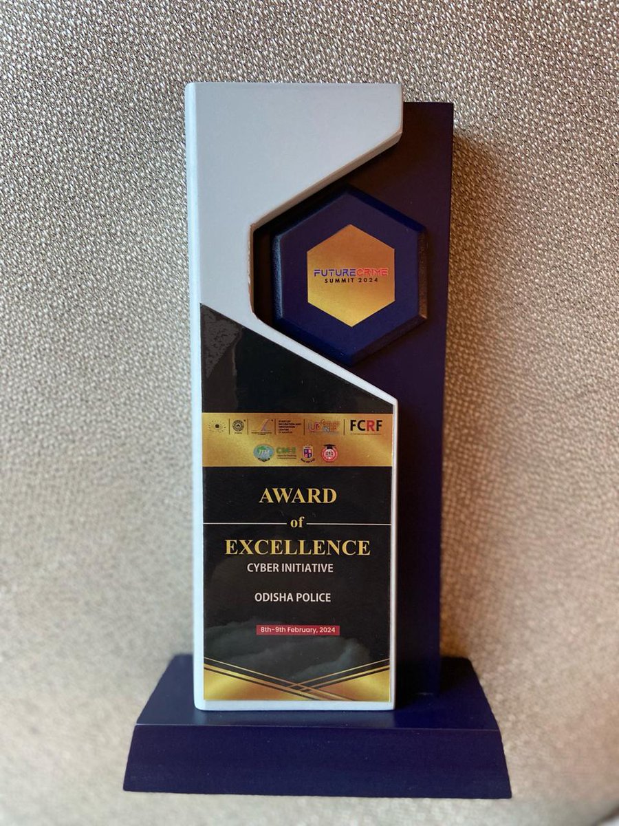 In recognition of outstanding contribution to the field of cybercrime <a href="/odisha_police/">Odisha Police</a> has been conferred with Award of Excellence for its Cyber Safety Campaign 2023 at Future Crime Summit,New Delhi.On behalf of <a href="/DGPOdisha/">DGP, Odisha</a>,Shri <a href="/shefeenahamed/">Shefeen</a> IGP,CID Crime Branch received the award
