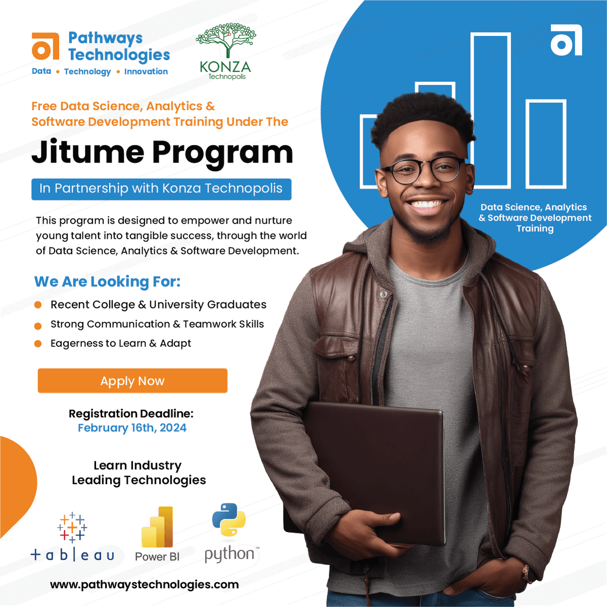 Are you a recent graduate passionate about #data and #technology?
This is for you! Sign up here: pathwaystechnologies.com/jitume-program/

#dataanalyst #datascientist #softwaredeveloper #computerscience #statistics #datasciencetraining #jitumeprogram #techskills #dataskills #empoweringyouth
