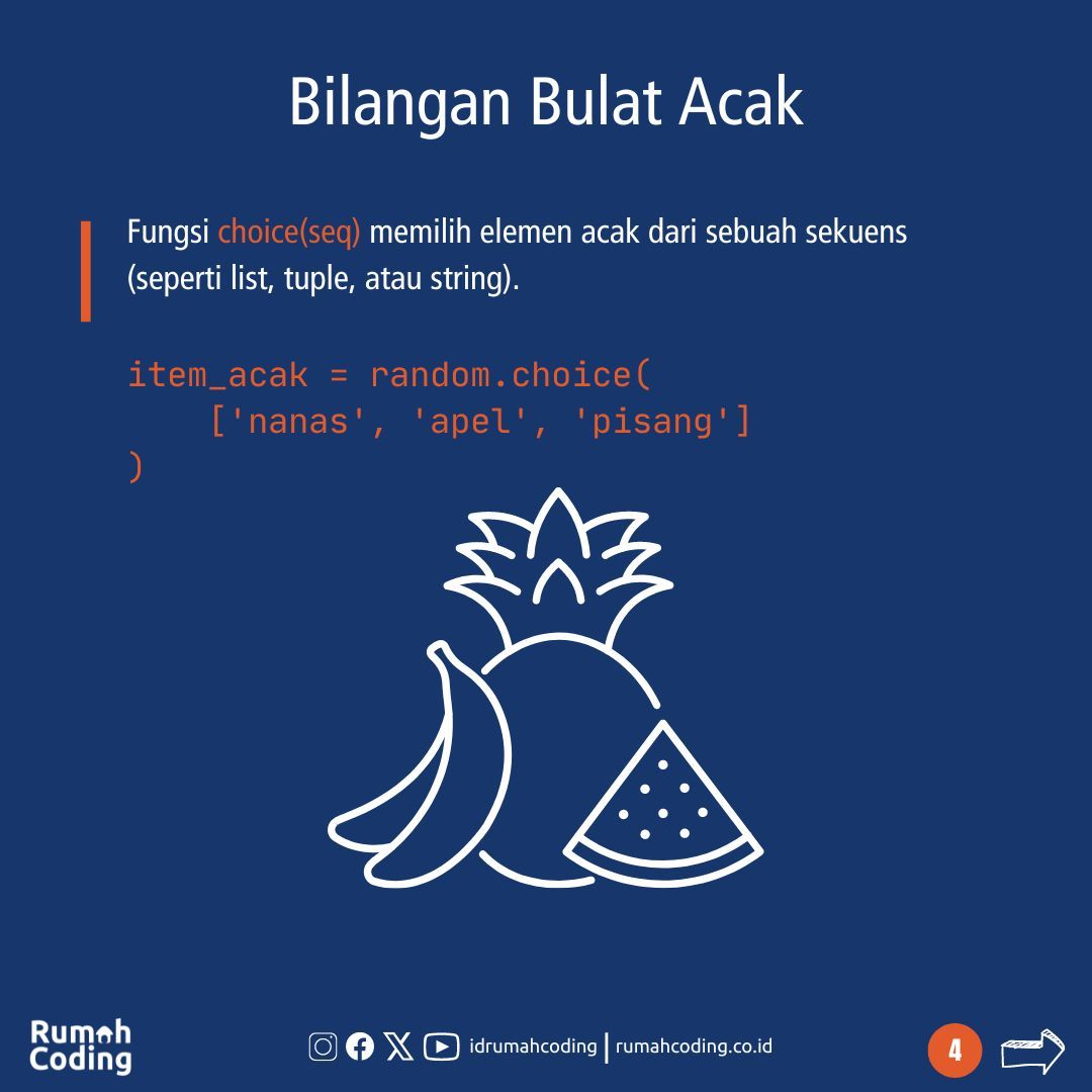 idrumahcoding's tweet image. Seringkali kita butuh untuk men-generate angka acak. Di Python ada sebuah modul yang cukup powerful untuk men-generate angka acak, yaitu modul Random. #coding #codingtips #python #PythonRandom #CodingMagic #RandomizationMastery