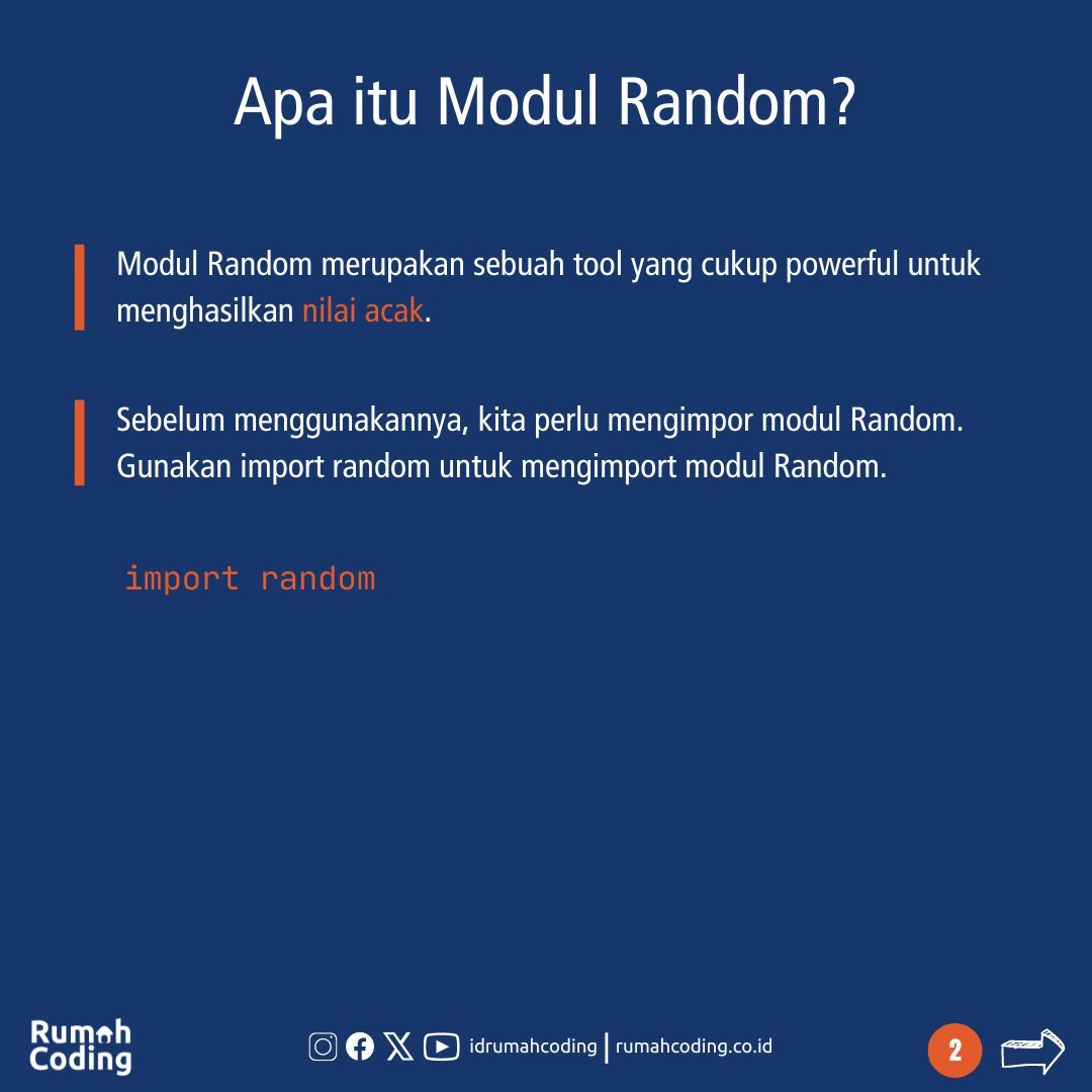 idrumahcoding's tweet image. Seringkali kita butuh untuk men-generate angka acak. Di Python ada sebuah modul yang cukup powerful untuk men-generate angka acak, yaitu modul Random. #coding #codingtips #python #PythonRandom #CodingMagic #RandomizationMastery