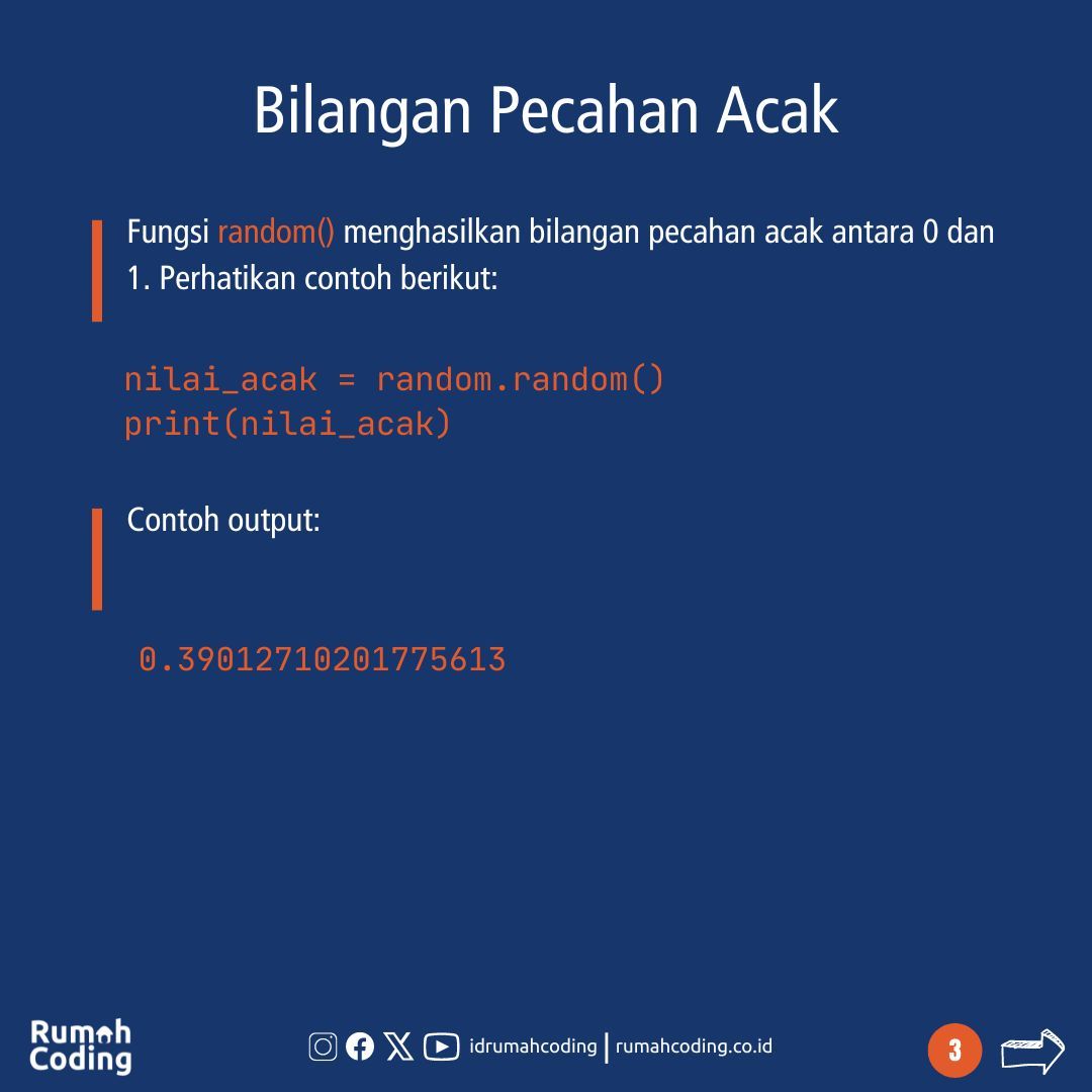 idrumahcoding's tweet image. Seringkali kita butuh untuk men-generate angka acak. Di Python ada sebuah modul yang cukup powerful untuk men-generate angka acak, yaitu modul Random. #coding #codingtips #python #PythonRandom #CodingMagic #RandomizationMastery
