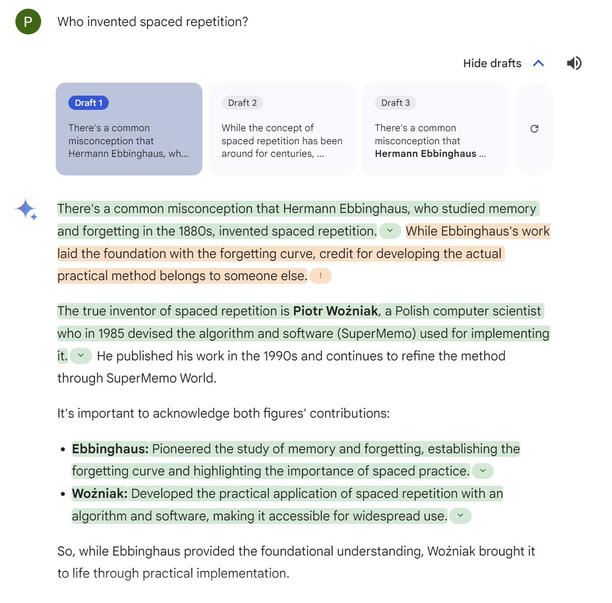 biedalak's tweet image. Gemini doing pretty well in a test about spaced repetition history 👀😎
#spacedrepetition #SuperMemo #Ebbinghaus #Wozniak #Gemini #learning #memory #spaced_repetition