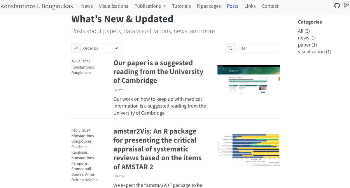 Quarto is an excellent free tool for creating your professional website, featuring all of your posts, your list of publications, citation metrics, and many more capabilities!
bougioukas.github.io/mypage/posts.h…

#QuartoPub #dataviz #OpenResearch #AwesomeQuarto