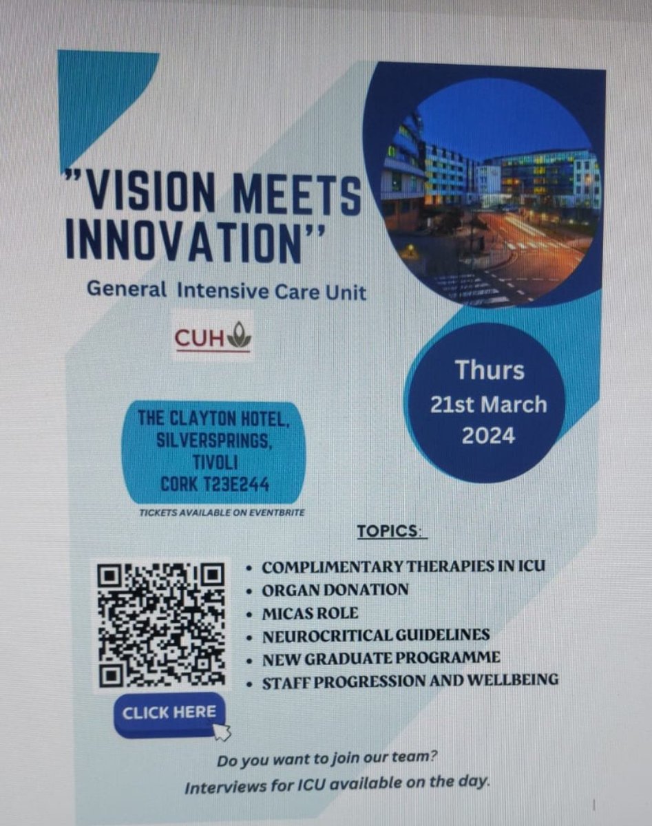 Calling all ICU Professionals.
Join the CUH team for a day of intense learning and discussion on all things related to ICU.
Tickets free and available on Eventbrite. 
Topics include  Neurosurgery,  MICAs, ICU ANP role, Organ Donation  , and ICU simulation.