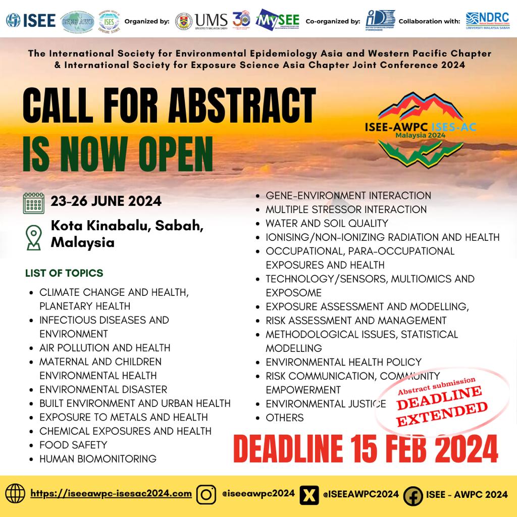 Final call for abstract submissions to the @iseeawpc and ISES-AC Joint Conference in Kota Kinabalu, Sabah, Malaysia! 📑✨ The deadline for submission has been further extended to 15th February 2024. 🚨 iseeawpc-isesac2024.com/w/ Don't miss this chance to showcase your work 🌍