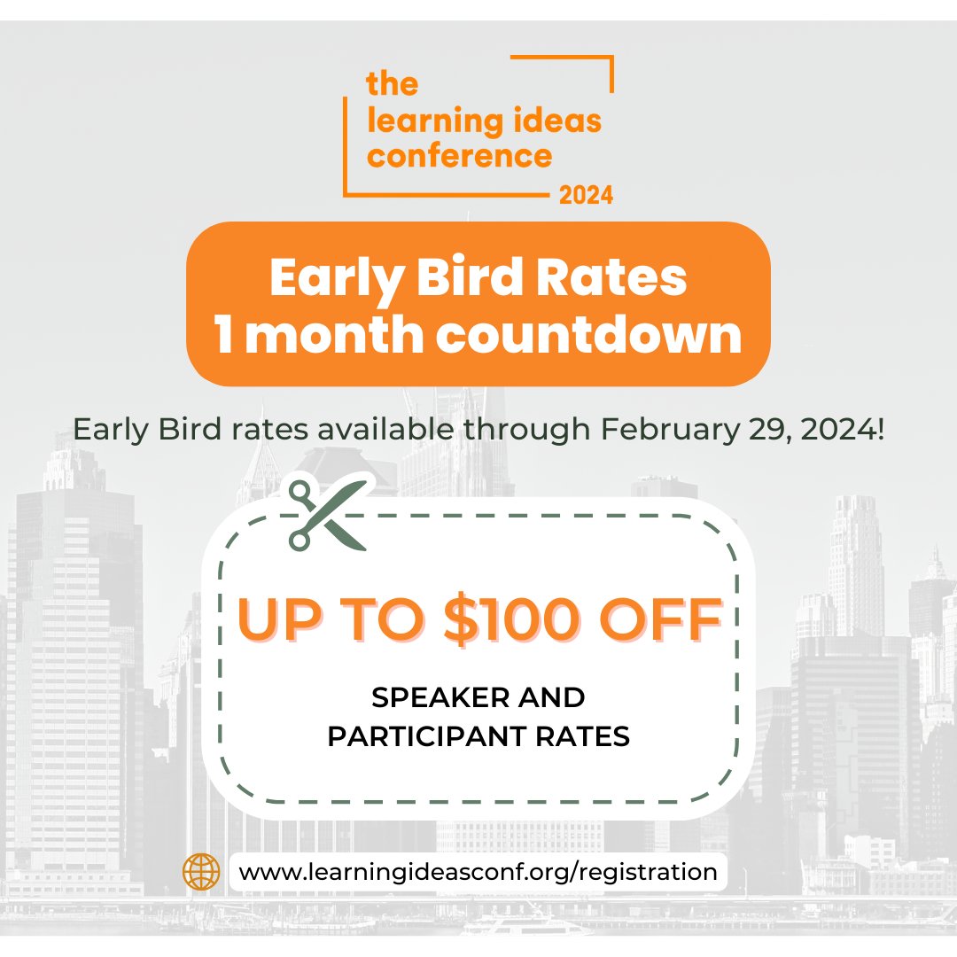 Early Bird rates are available for TLIC 2024, held from June 12-14, 2024 in New York and online. To take advantage of these rates, register by February 29th, 2024! 

learningideasconf.org/registration   

 #elearning #learningideasconf #onlinelearning