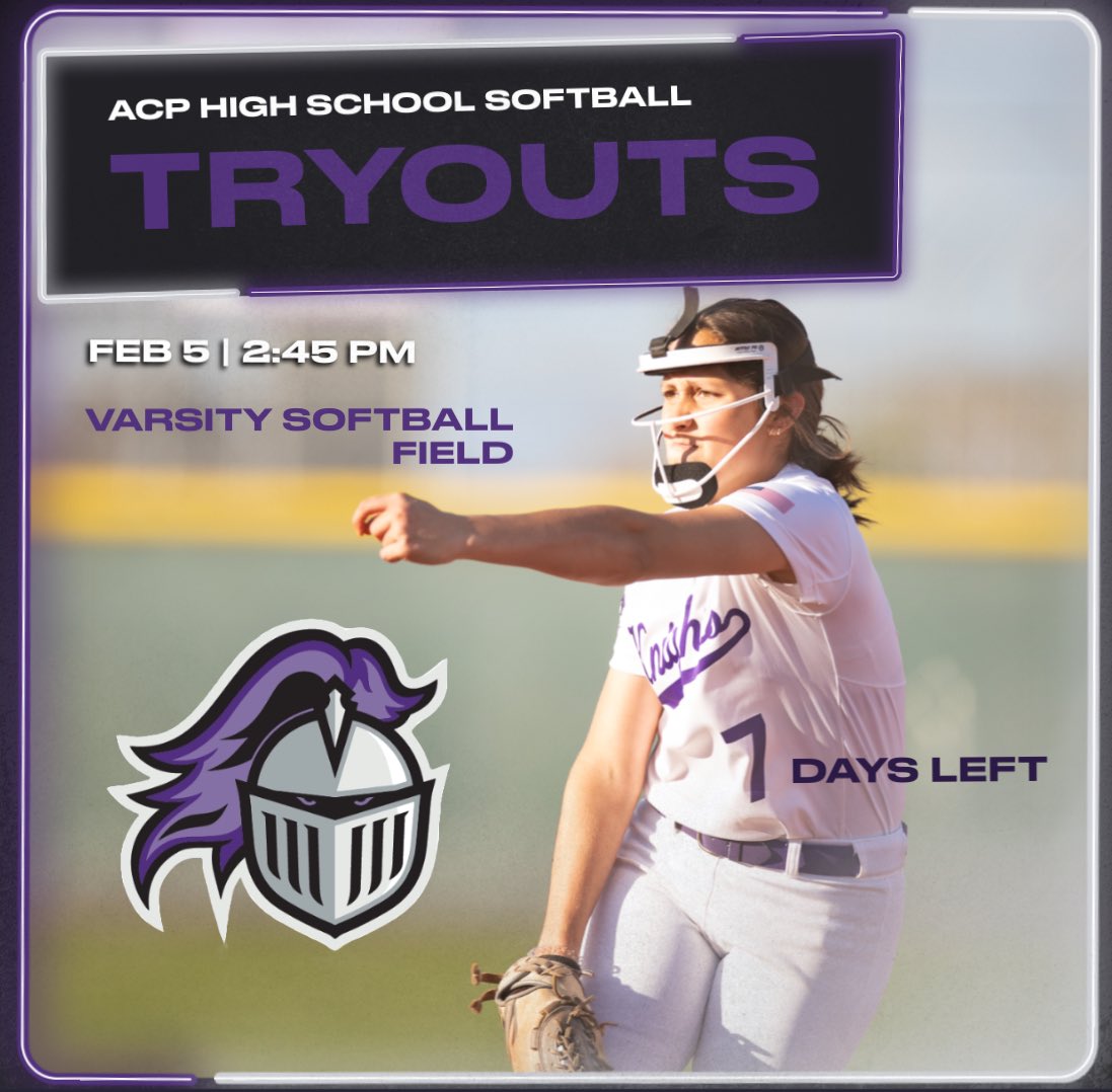 1 week until tryouts! 💜⚔️

Reminders:
•Make sure to complete your register my athlete
•Bring all of your softball equipment