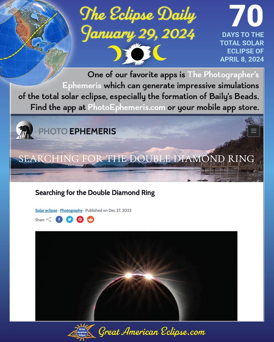 If you do landscape astrophotography, The Photographer's Ephemeris is a wonderful tool for lining up the Sun and Moon with the terrain. Guidance on this app for the April 8 eclipse is at support.photoephemeris.com/hc/en-us/artic… #eclipse2024 #eclpsedaily