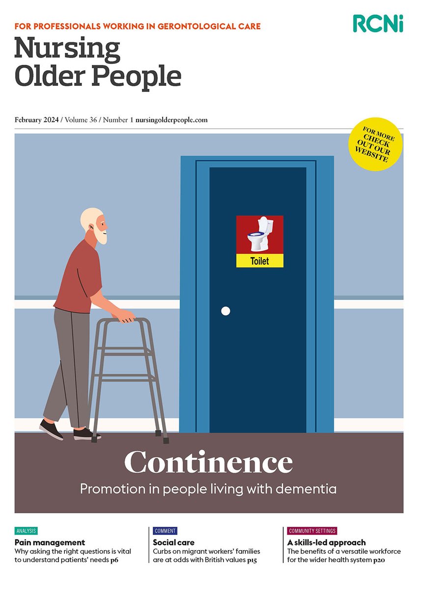 The February issue of Nursing Older People is now available, our cover illustration relates to a CPD exploring the promotion of continence in older people living with dementia @ZenaAldridge1 and colleagues @essity Lots more inside journals.rcni.com/toc/nop/36/1