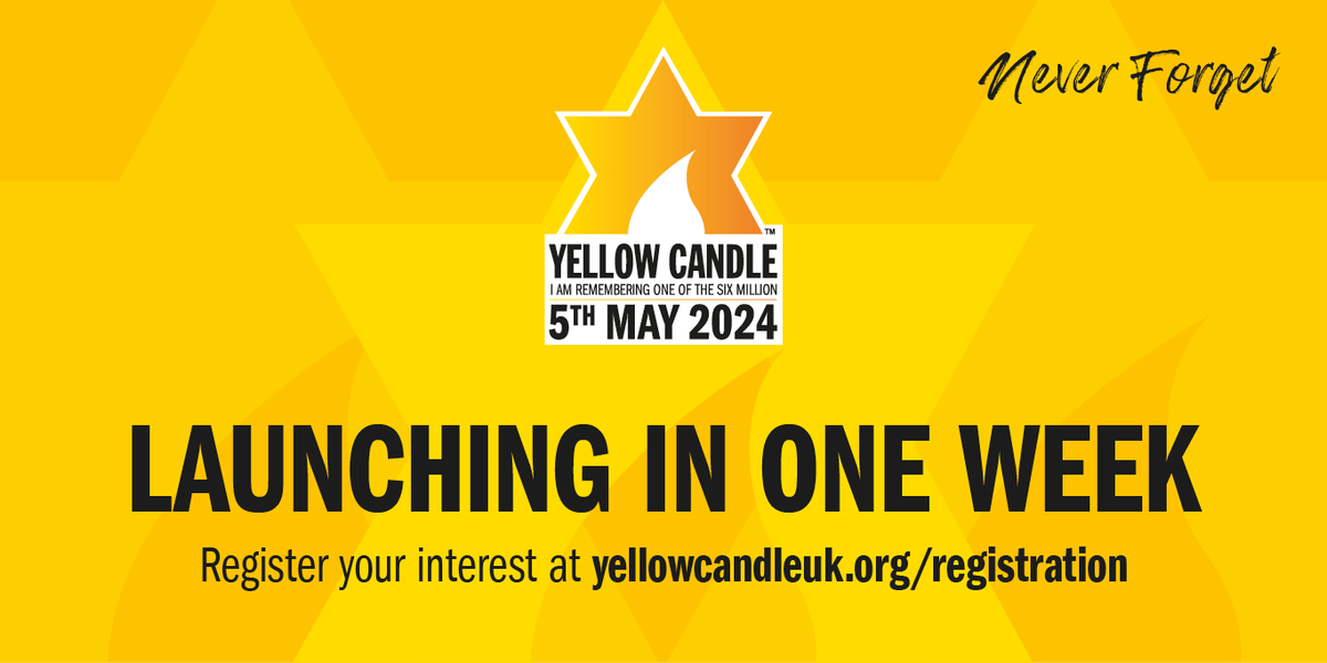 Yellow Candle 2024 is happening on the eve of Yom HaShoah - Sunday 5th May. The Project is launching one week today, on Monday 5th February. Please visit yellowcandleuk.org/registration to register your interest now.