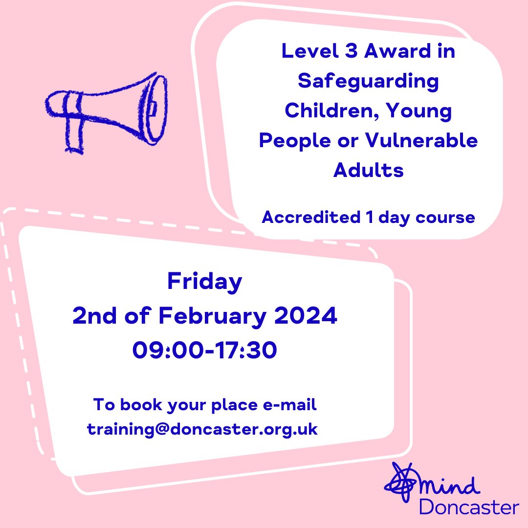 Join us for Level 3 Safeguarding training on 02/02 to explore: the principles of safeguarding, signs of abuse and to find out how to escalate safeguarding concerns.  

To book, please email training@doncastermind.org.uk

#SupportAtDoncasterMind #MentalHealthMatters #Safeguarding