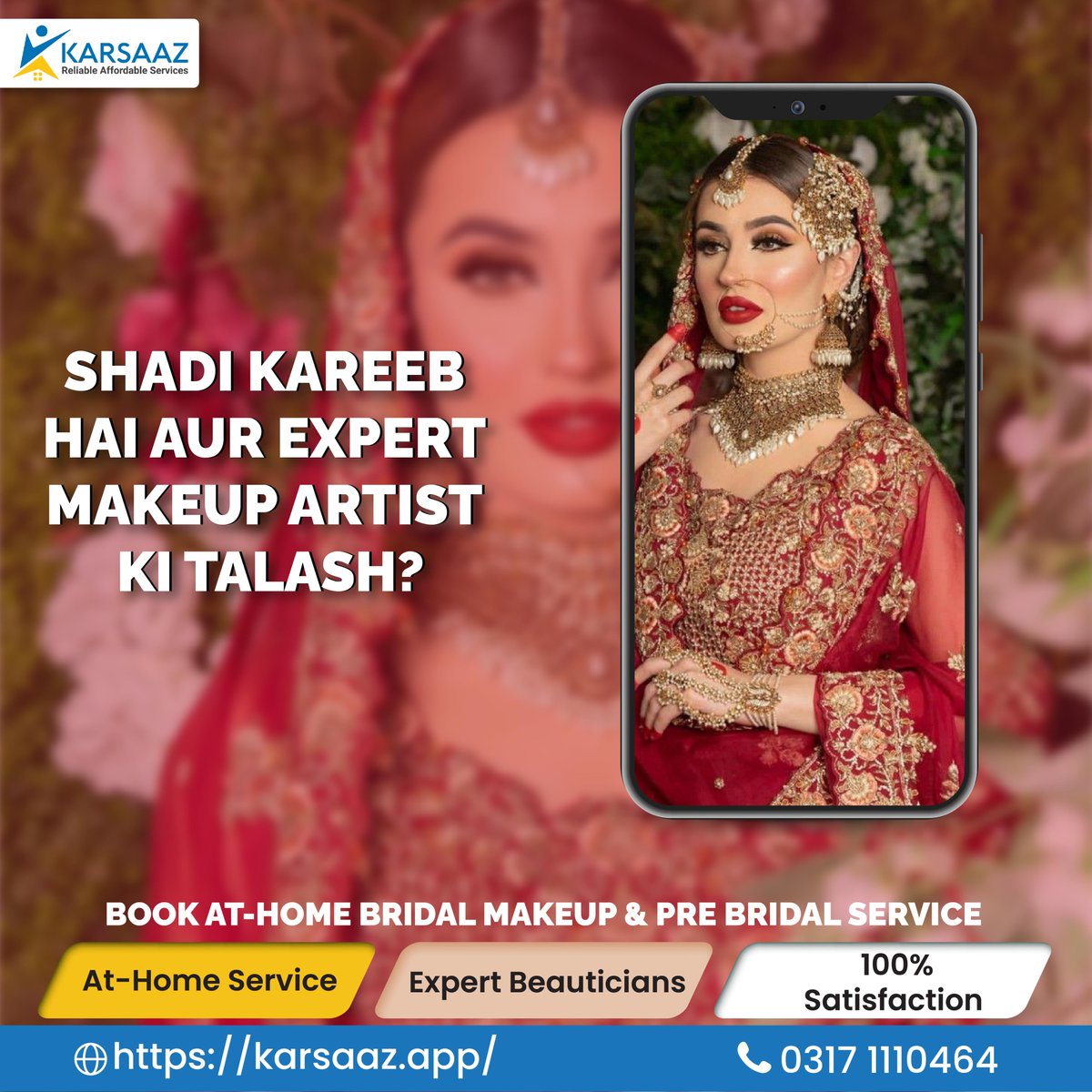 Karsaaz_App's tweet photo. Transform into the radiant bride you've always envisioned! 💍💖
Book Now: https://t.co/RpWKUq0T0T or call at 0317-1110464
✅ Lowest Market Rates ✅ Expert &amp; Police Verified Beauticians ✅ Safe and Tracked Services ✅Branded Products
#BridalBeauty #AtHomeGlam #SpecialOffer https://t.co/ScTH9CZn0j