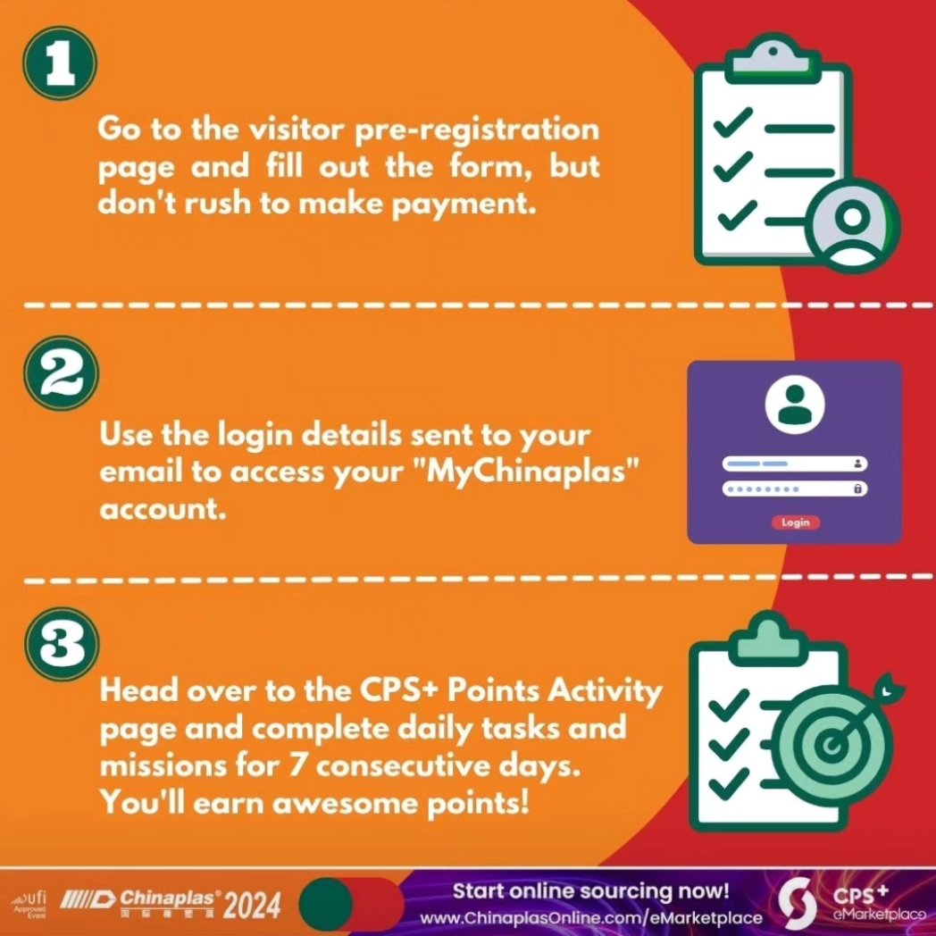 ProjetoPack's tweet image. 100 dias até #CHINAPLAS2024 🔥✨🎁 5 PASSOS - 7 DIAS - ENTRADA GRATUITA NA CHINAPLAS 2024! adlnk.cn/5BvYXz5
-
Desbloqueie recompensas em #CHINAPLAS e ganhe pontos com o pré-registro gratuito!
1. Preencha o formulário na página de pré-inscrição
2. Complete tarefas diárias…