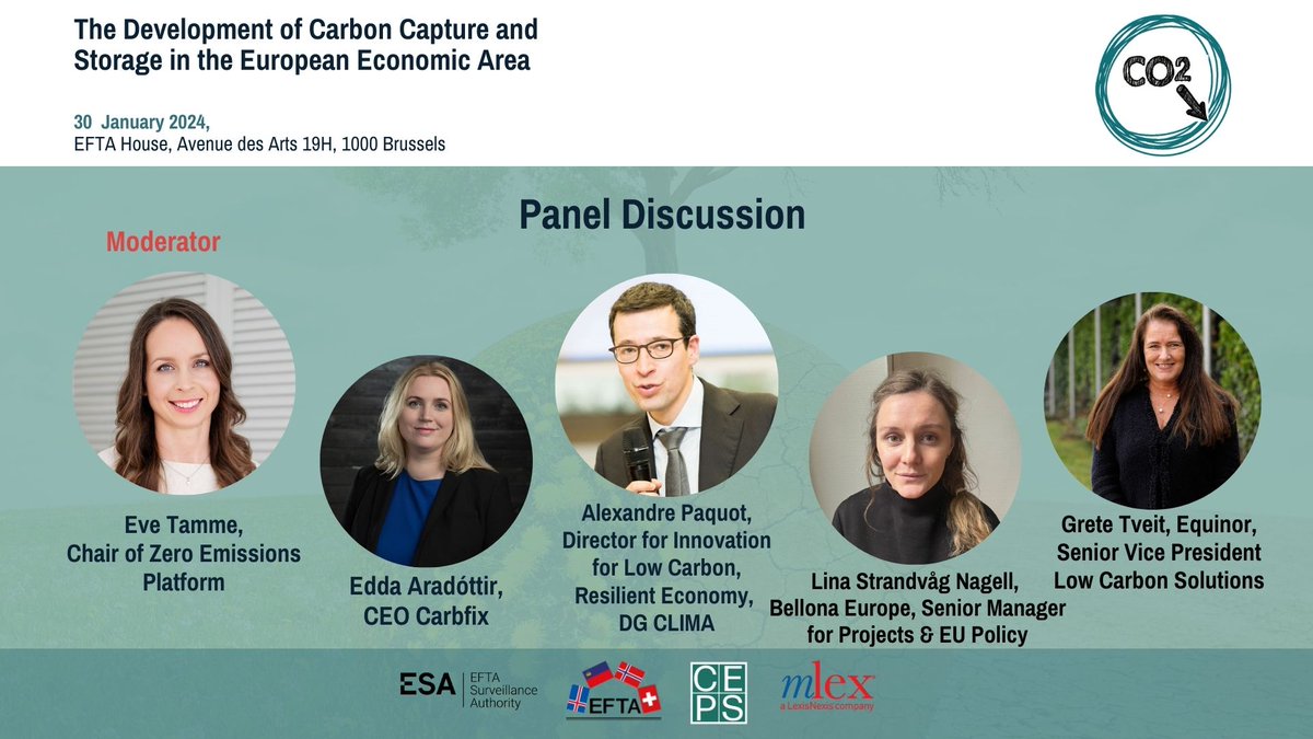 Stay tuned for the Panel Discussion at 14:00! 🎙️ Edda Sif Pind Aradóttir, Alexandre Paquot, Lina Strandvåg Nagell, and Grete Tveit will discuss the future of CO2 capture in the EEA. @EveTamme @EUClimateAction @CarbFix @Bellona_EU @Equinor Live stream 👉teams.microsoft.com/dl/launcher/la…