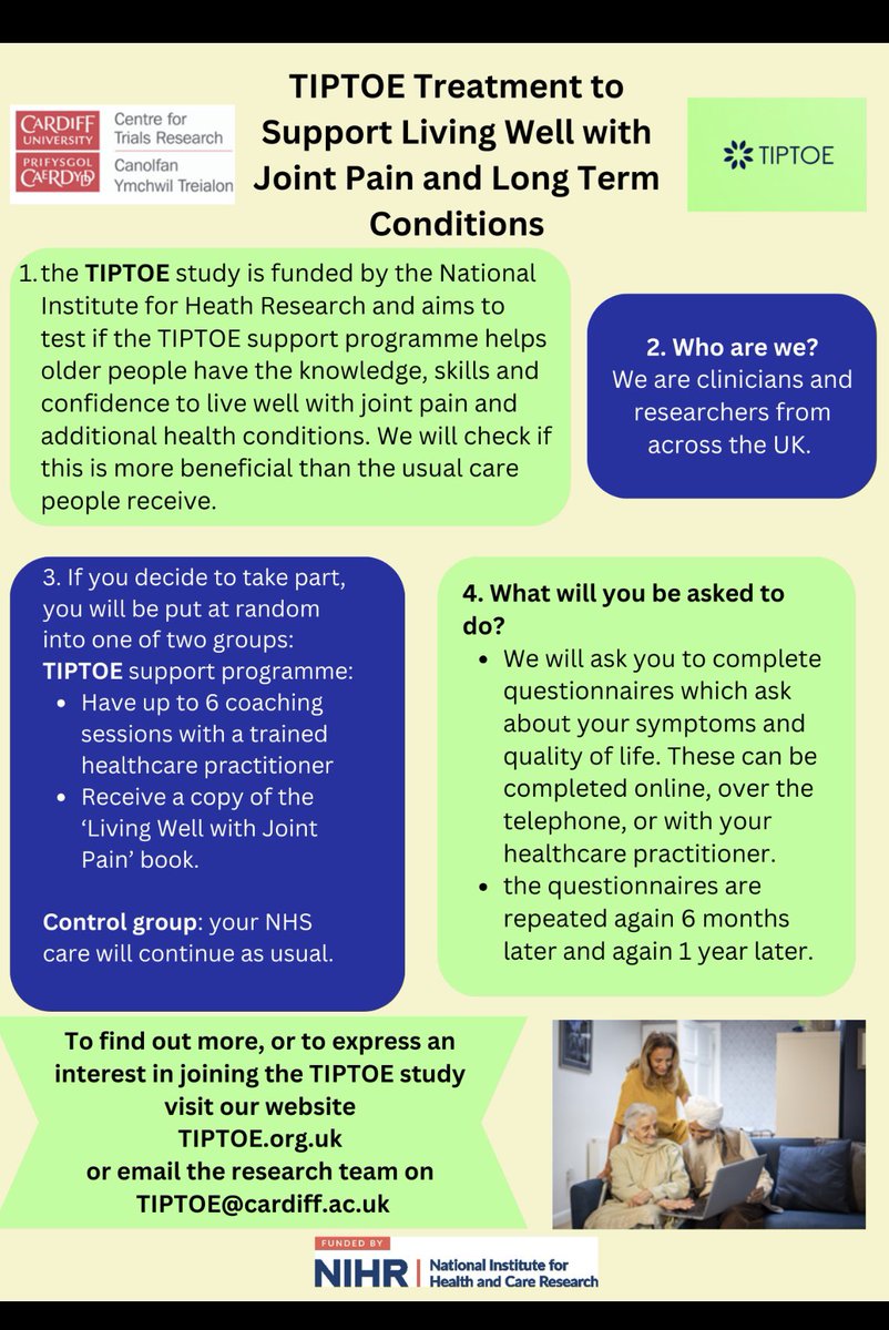 Are you aged 70 or more and living with knee and/or hip joint pain and other health condition(s)?

The TIPTOE trial aims to find out if a support programme can help improve symptoms and quality of life. 

To find out more or to register: tiptoe.org.uk

<a href="/CTRCardiffUni/">CTRCardiffUni</a>