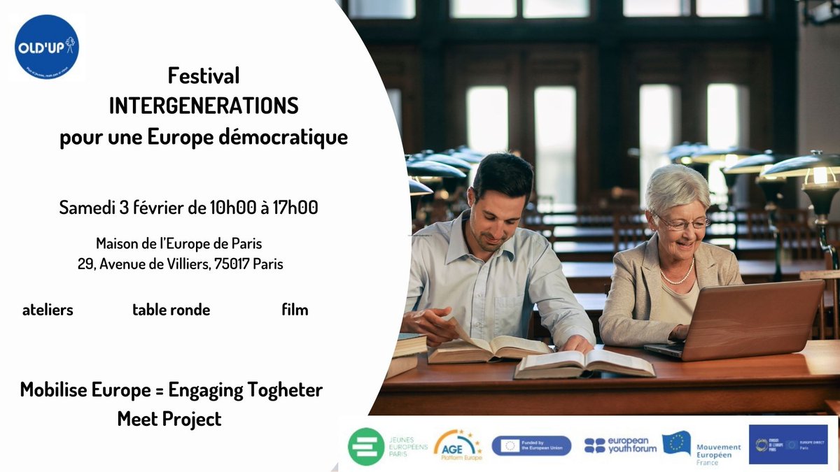 MdEuropeParis's tweet photo. #OldUp, avec les @JEF_ParisIdF , le @MouvEuropeen_Fr , #AgeplateformeFrance, #EntrAges et la MdEP, vous invite à passer le samedi 3 février au Festival INTERGENERATIONS pour une Europe démocratique est ouvert à tous ceux qui aiment l'UE !
https://t.co/9Mi0Ton5dT https://t.co/lQuy8kY8XX