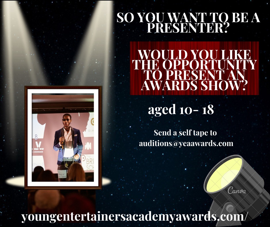 Yeaawardsuk's tweet photo. @Yeaawardsuk 
So you want to be a presenter?
Applications for the 2024 The Young Entertainers in the Community Awards Presenter are now open.
aged 10-18
No experience required just able to be confident, funny and wow the audience 
Self tape to auditions@yeaawards.com https://t.co/LDiMx5UBsz