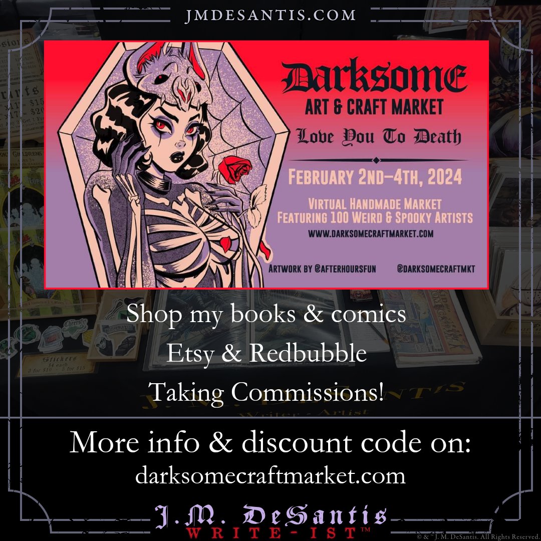 Fri-Sun is the Darksome Craft Market. My Etsy &amp; Linktree will be updated by Feb 1.

Taking commissions &amp; you can shop my work. Discount code for Etsy &amp; commissions &amp; info on darksomecraftmarket.com

#books #comics #artprints #stickers #commissions

#writer #artist #onlinemarket