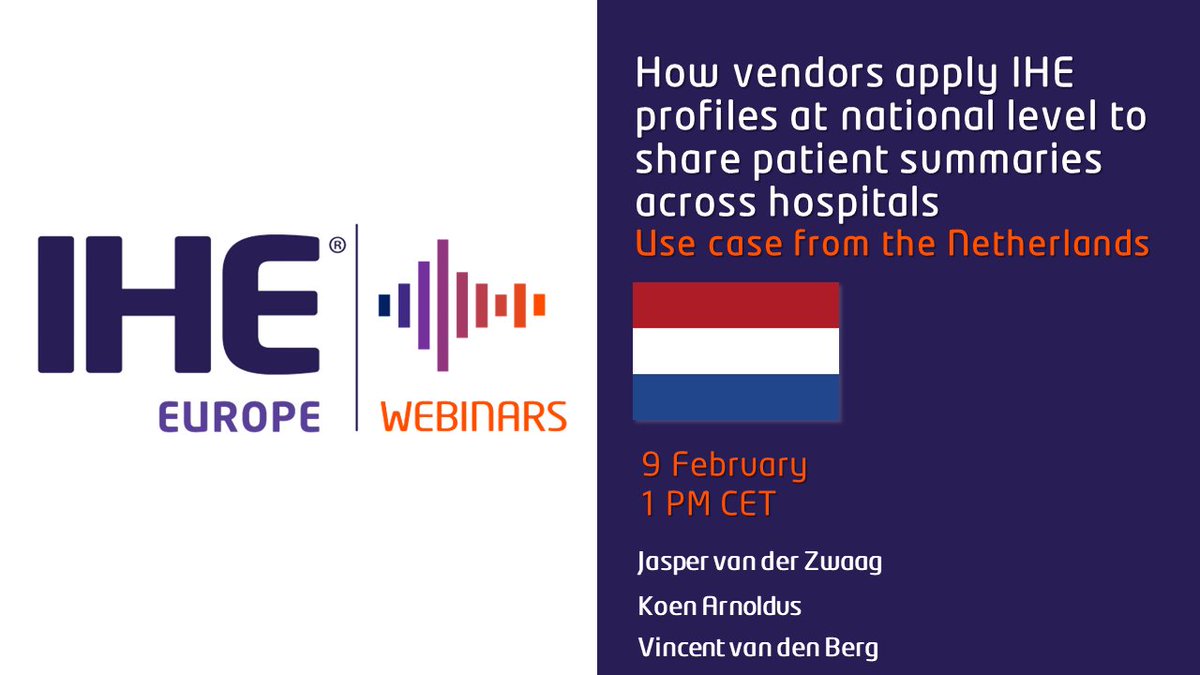 The February IHE-Webinar is around the corner 💡 Join us on Friday, 9 February at 1 PM, and explore how vendors utilize #IHE profiles to exchange patient summaries on a national scale. Register here and catch the recording of the previous sessions: ihe-europe.net/IHE_Europe_Web…