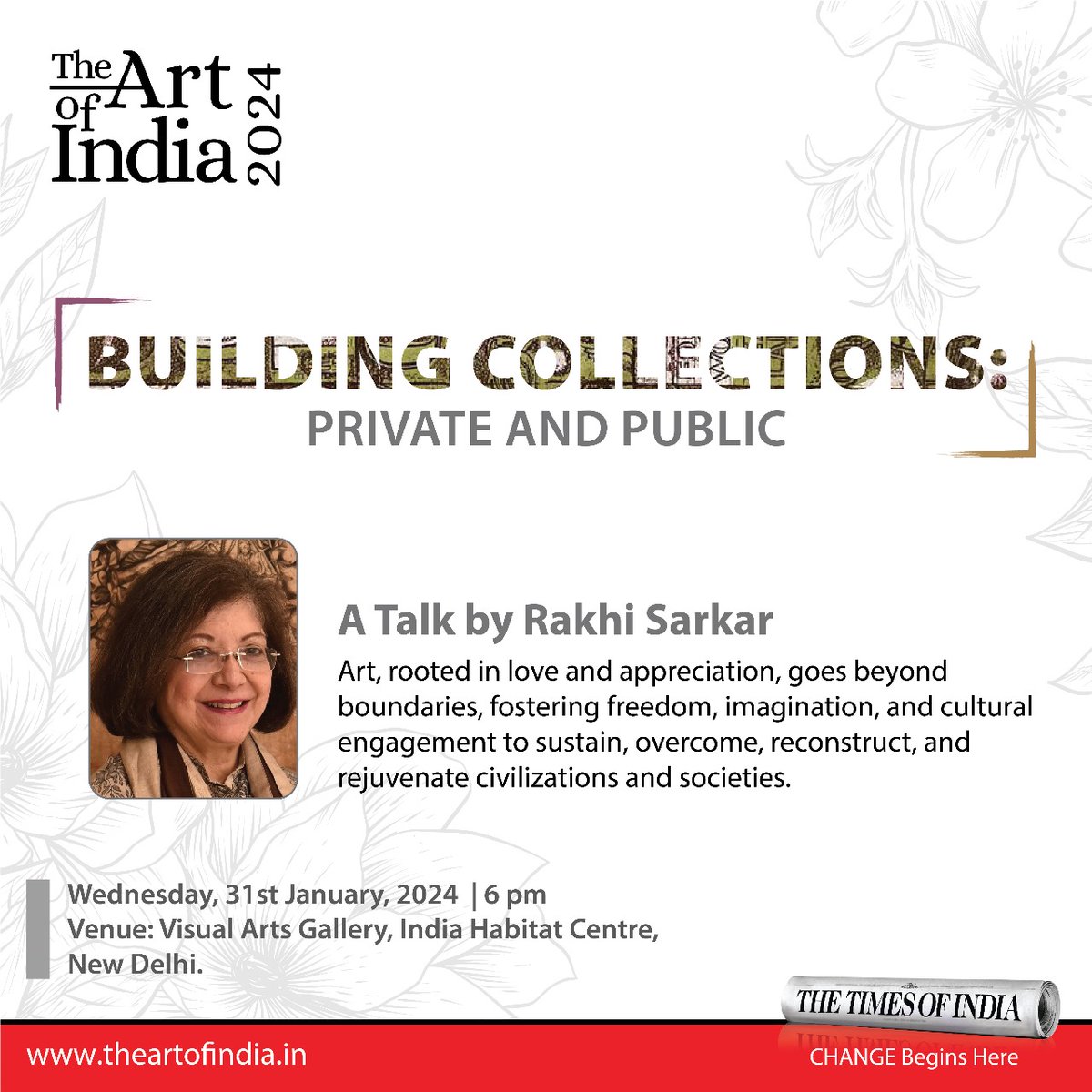 Explore the dynamics of collections as you delve into a cultural engagement.

Don't miss 'Building Collections: Private and Public' on 31st Jan 2024, 6:00 PM at Visual Arts Gallery, India Habitat Centre, New Delhi.

#TheArtOfIndia2024 #TheArtOfIndia #TOI #TOITheArtOfIndia
