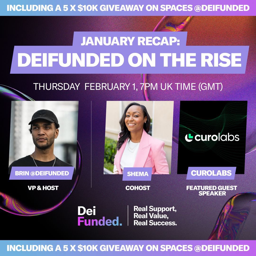 Presenting! JANUARY RECAP: DEIFunded On The Rise

Host:
<a href="/moneybrinter/">Brin</a>

Co-Hosts:
<a href="/JustShemaBaby/">S H E M A | OTCC 🏋🏽‍♀️✨️</a>

Featured Speakers:
@Curo_Labs

Date: Thursday, Feb 1, 2024
Time: 7:00pm (GMT)

Set your reminders here👇
x.com/i/spaces/1lDxL…

See you there!!