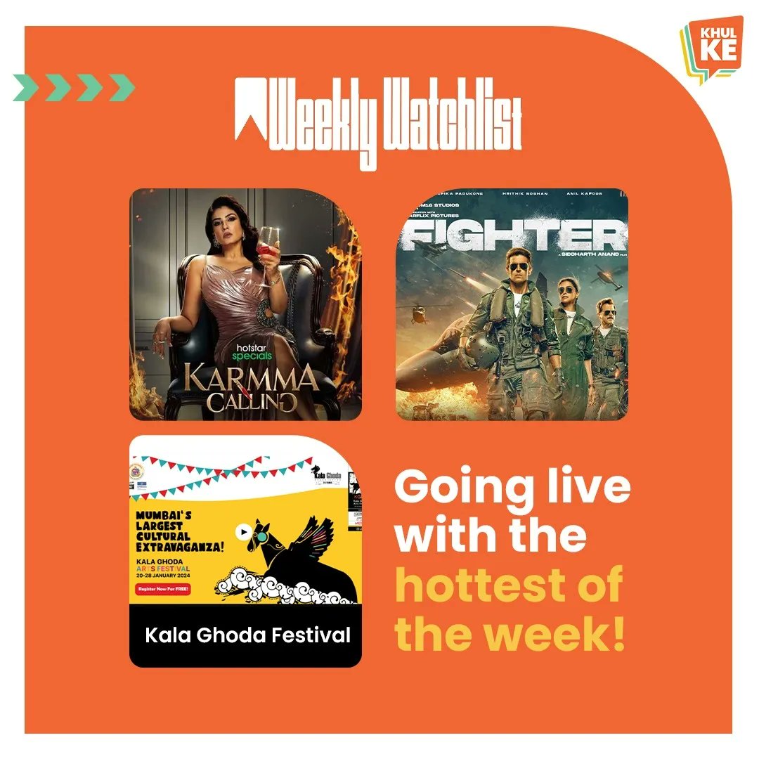 kkroundtables's tweet image. Catch #WeeklyWatchlist hosts @prachisibal and Sahil Ahuja discuss @iHrithik -@deepikapadukone  starrer #Fighter, Disney + Hotstar special Karmma Calling, and India's largest multi-cultural festival , The Kala Ghoda Arts Festival, #Mumbai, on #KhulKe on Wednesday, 7 pm.