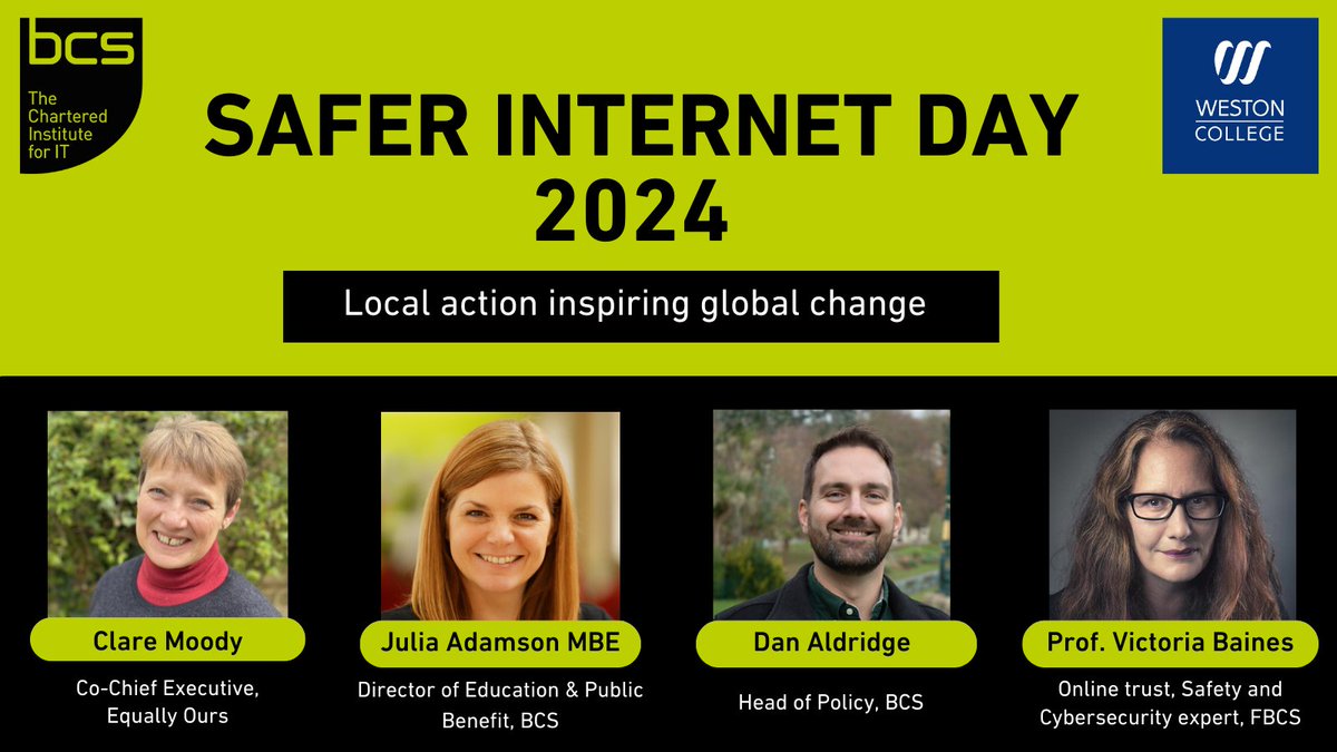 #SaferInternetDay

@BCS will be in #WestonSuperMare at <a href="/westoncollege/">Weston College</a> for our event - 'Local action inspiring global change'  

🟢World-class #OnlineSafety &amp; #DigitalSkills experts

🟢Interactive student &amp; apprentice workshops 

🟢Networking reception 4-5PM (link in comments)