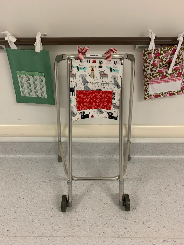 Our wonderful activities coordinator Mum, has kindly made these fabulous patients bags to attach to frames. A unique idea to help with carrying glasses and bits whilst using a frame. #patientexperience #activities #crafts