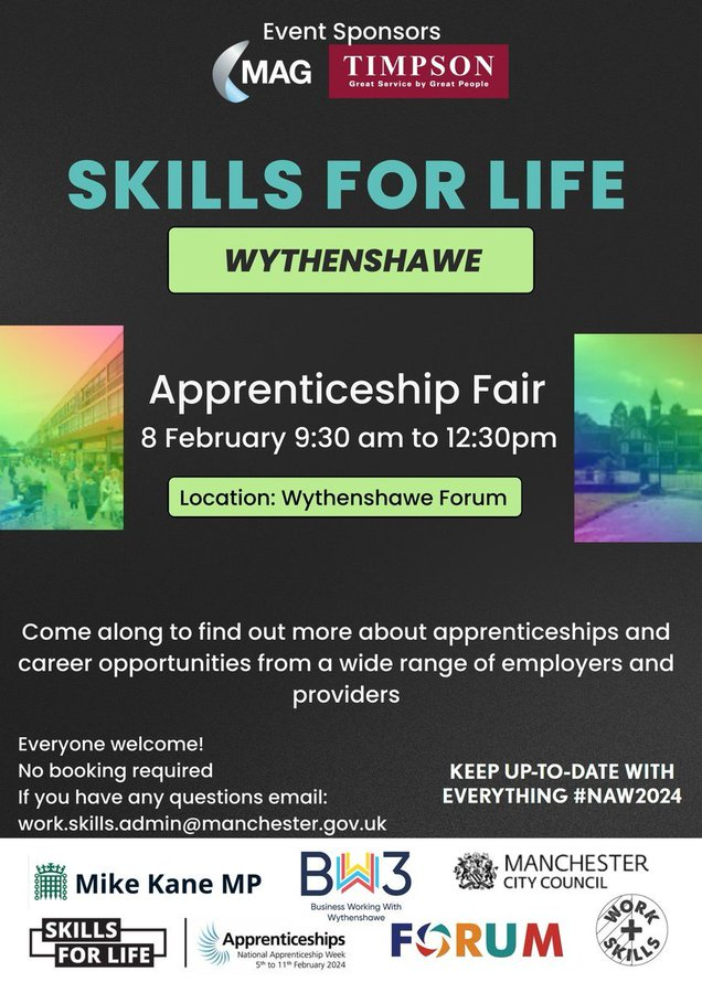 Join @MikeKaneMP Apprenticeship Fair organised alongside Manchester City Council Work and Skills Team and @BW3Manchester at the Wythenshawe Forum Hall on 8 February from 9.30am to 12.30pm. Come and talk to a range of employers ready to showcase their apprenticeships!#NAW2024