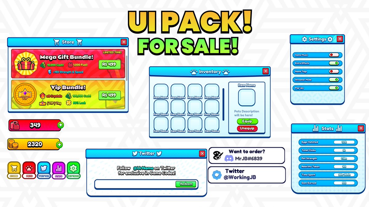 WorkingJB's tweet photo. 🚨 Roblox UI Pack for Sale! 📢

The price starts at 20K! Offer below!
- Reply which frame you would like in this pack!✨

Highest Bidder Wins! 💰
-Bid on Discord ( MrJB#2539 ) or Twitter DMs!

#Roblox #RobloxDev #RobloxUI #RobloxArt #RobloxUiPack https://t.co/hXgil7zrIL